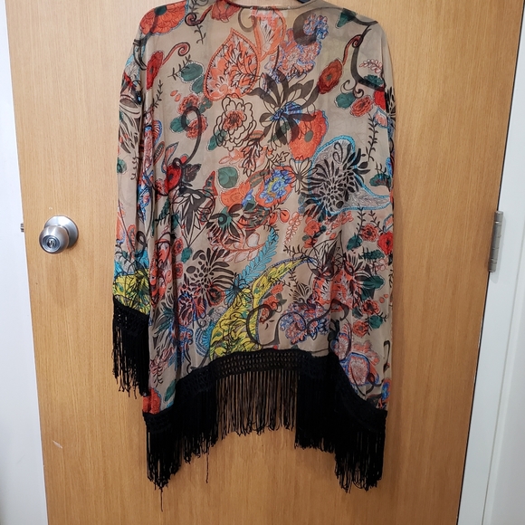 Sans Souci, tan orange green blue black kimono fringe cardigan, large - Picture 12 of 15